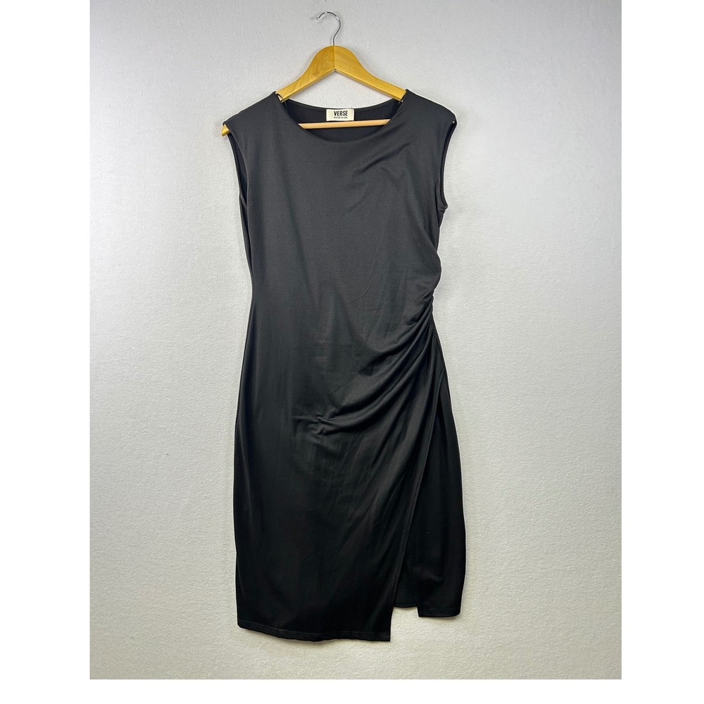 VERSE Black Sleeveless Ruched Sheath Dress Midi‎